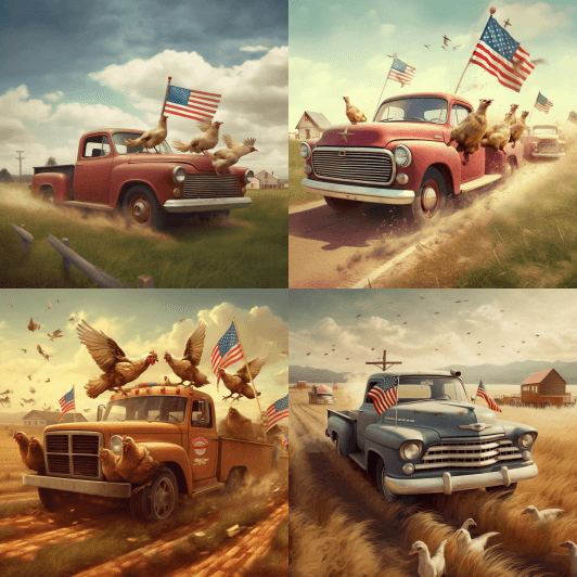 American freedom hens with a ford pick up truck running in a big pasture looks like a beer ad or ca