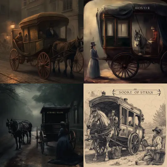 Create a cover for an audiobook of a short story. The cover image should depict a scene set in the 1700s with a moving carriage and a dirty injured arm of a condemned person hanging from