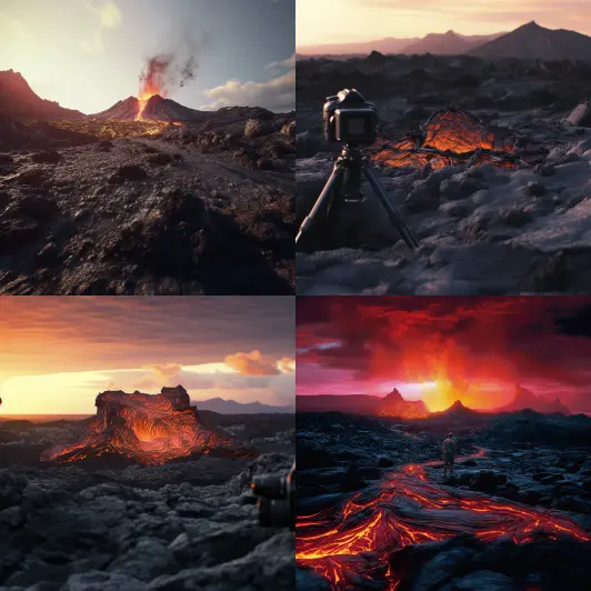 Hyper realistic photo. Location scout scouting volcano. sunset. high contrast, bright lava, kodak portra 400 film. Render the scene in 4K resolution, allowing viewers to appreciate the int