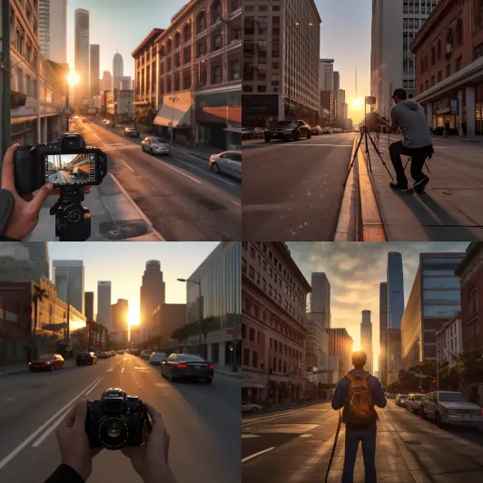Hyper realistic photo. Location scout taking pictures scouting downtown los angeles urban sunset. high contrast busy streets dslr. Render the scene in 4K resolution allowing viewers to appr
