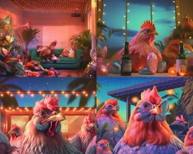 a chicken spring break party vhs look super detailed bright lighting photo realistic
