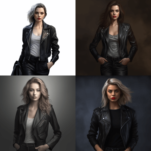 a fashion model woman middle plane with black jacket leather photorealistic style