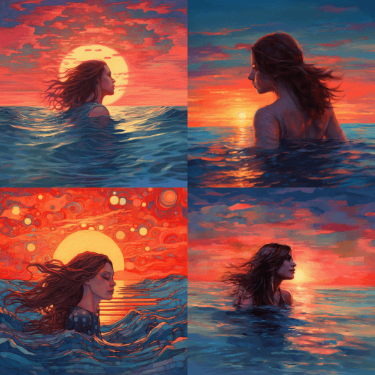a female with brown hair swimming in the ocean with a red sunset with blue water
