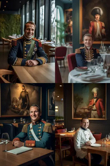 a front photo hyper realistic real life photographic Napoleon Bonapart inside a modern restaurant he is smiling looking at camera sitting at a very wide empty wooden table with colorf