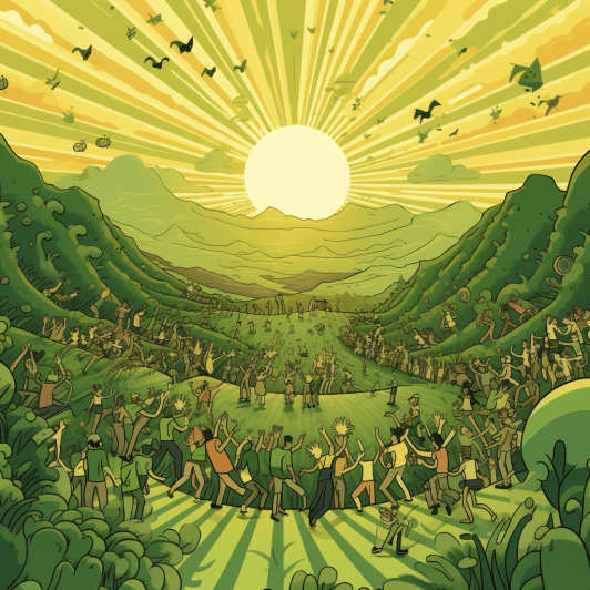 a green sun behind hills dancing peoples on the floor electronic dance music