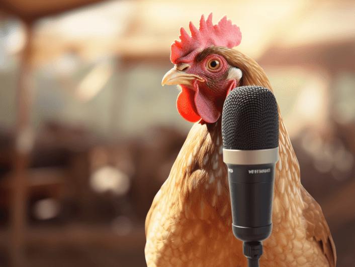 a scene from a commercial close up of chicken being intervied with a mic on a farm background supe
