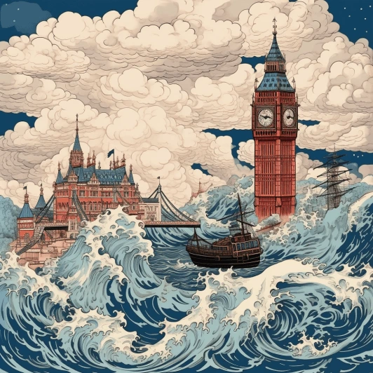 london in the style of hokusai