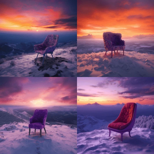 purple garden chair on the top of a snowy mountain chair made from purple fabric with 4 legs snow falling on it light by sunset misty near the clouds orange and red sunset hyper realistic