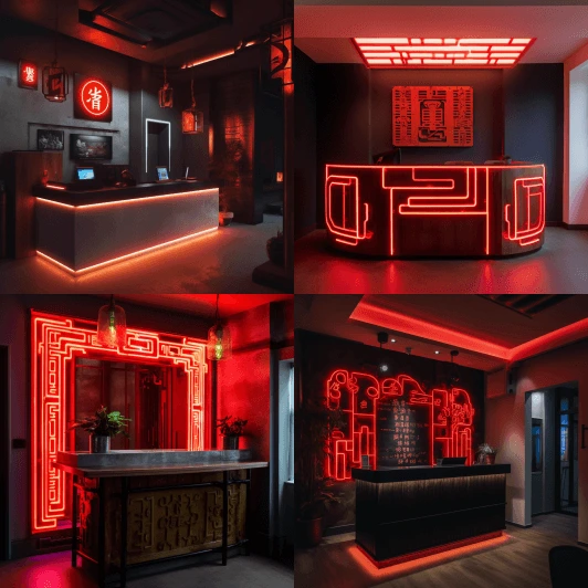 reception desk in the style of dystopian chineese restaurant neon tube signs on the wall white walls bright interior atmospheric lights