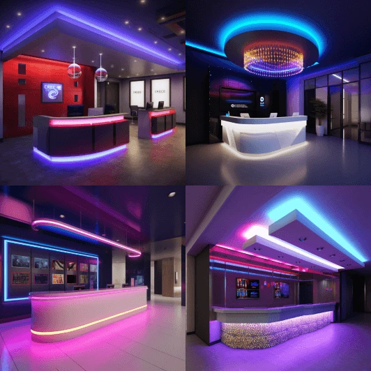 sports club reception desk entrance vivid colors interior render volumetric lights LED chandelier