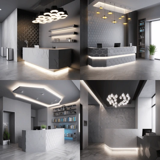 sports club reception desk with shelves behind entrance bright walls grey tiles on the floor minimalistic design hexagonal pattern on a wall interior render volumetric lights LED chandelier.pn
